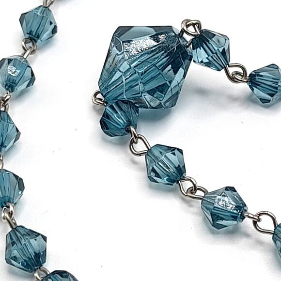 Vintage Blue Bicone Acrylic Bead Necklace, Wire Wrapped, No Clasp, 48 Inches - Picture 12 of 12